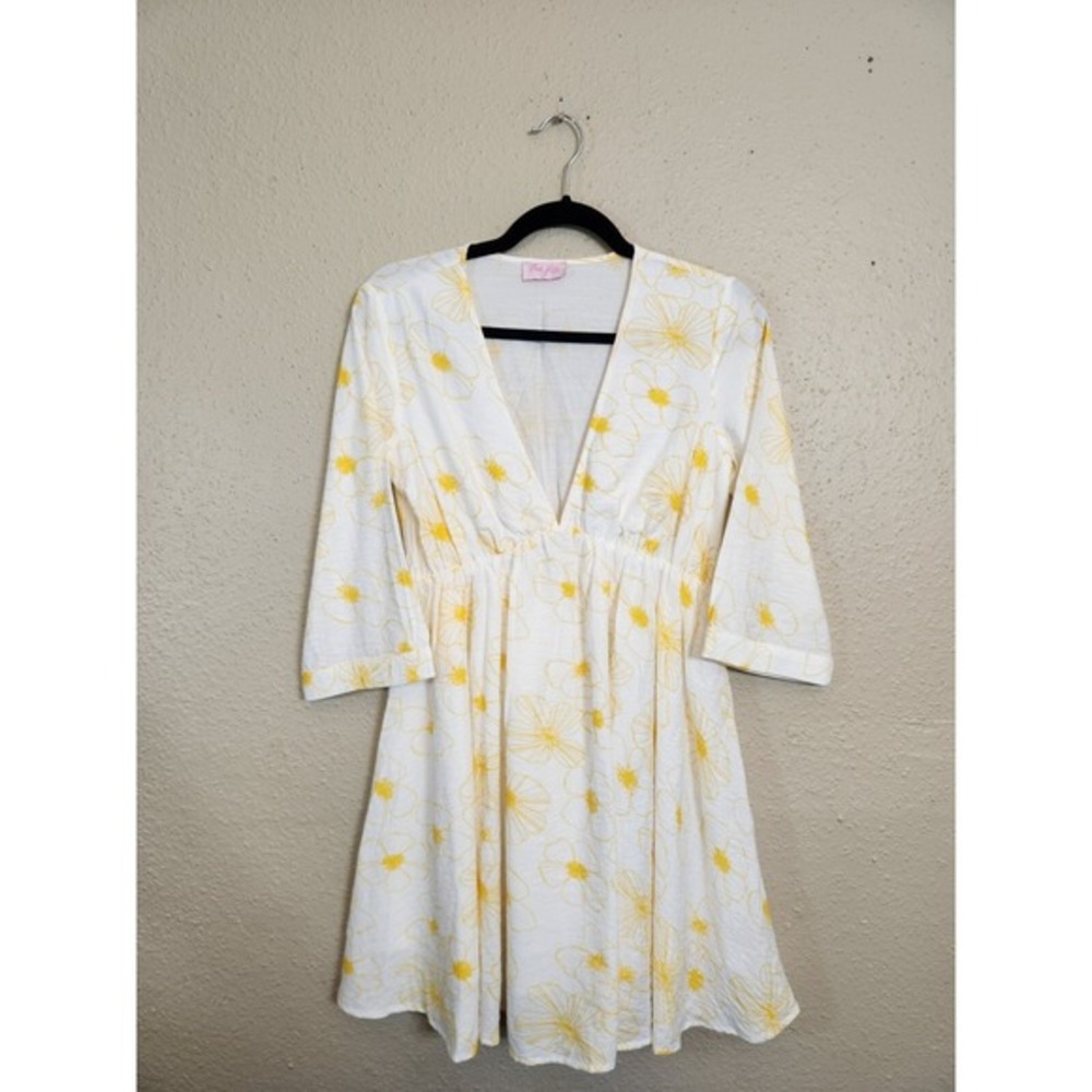 Pink Lily Women's White Yellow Floral V-Neck Half Sleeve Mini Dress Size Small